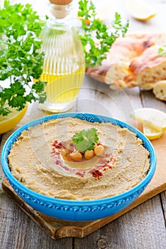 Homemade hummus decoreted with chikpeas