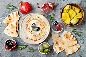 Middle Eastern traditional dinner. Authentic arab cuisine. Meze party food. Top view, flat lay, overhead. photo