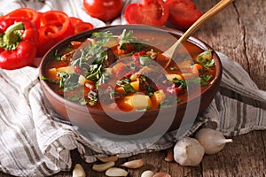 Homemade Hungarian Goulash soup bogracs close-up. horizontal