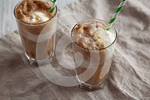 Homemade Ice Cream Float with Cola. Sweet Refreshment Drink, low angle view