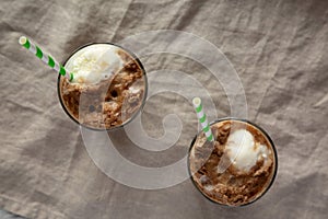 Homemade Ice Cream Float with Cola. Sweet Refreshment Drink, top view. Flat lay, overhead, from above