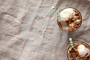 Homemade Ice Cream Float with Cola. Sweet Refreshment Drink, top view. Flat lay, overhead, from above. Copy space