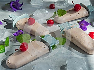 Homemade ice cream of fruit and cream on decorative sticks is on a light background. The composition is decorated with pieces of