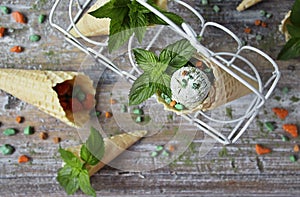 Homemade ice cream with green tea matcha in a waffle cone