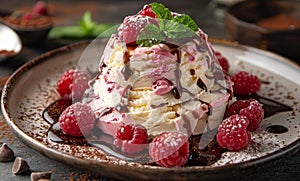 Homemade ice cream with raspberries and chocolate on plate
