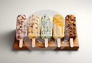 Homemade ice creams with different toppings on a wooden board