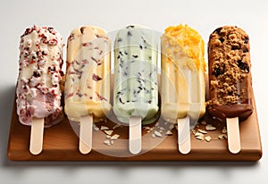 Homemade ice creams with different toppings on a wooden board