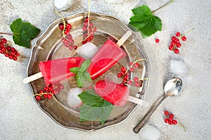 Homemade ice fruits cream of red currant lemonade. Frozen drinks. Top view.