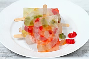 Homemade ice lolly from gummy bears