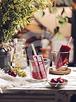 Homemade Ice Popsicle in transparant glass