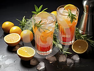 Homemade iced lemonade with ripe peaches and fresh mint. Fresh peach ice tea in glasses on a dark background with ingredients.