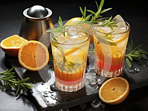 Homemade iced lemonade with ripe peaches and fresh mint. Fresh peach ice tea in glasses on a dark background with ingredients.