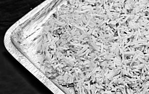 Homemade Indian chicken biryani rice, basmati rice, serving on wooden plate. Traditional food of Indian. Selective focus.