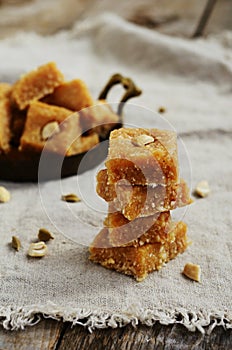 Homemade indian sweets with chickpeas, coconut flakes, cardamom