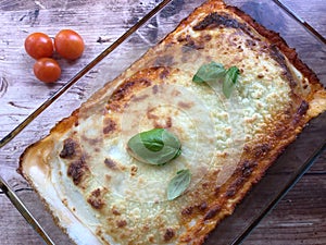 Homemade italian pasta lasagna. Made with stacked layers of pasta alternated with meat sauce bolognese