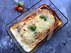 Homemade italian pasta lasagna. Made with stacked layers of pasta alternated with meat sauce bolognese