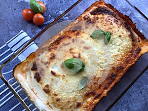 Homemade italian pasta lasagna. Made with stacked layers of pasta alternated with meat sauce bolognese