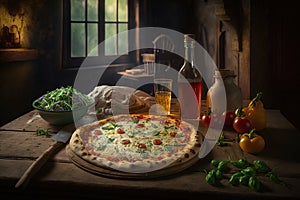 homemade italian pizza on a table in a village house created by generative AI