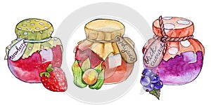 Homemade jam in a jar. . watercolor