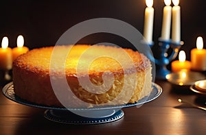 Homemade Jewish Noodle Kugel Breakfast on table and candles on the background