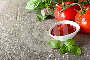 Homemade ketchup sauce with basil leaves and fresh tomatoes