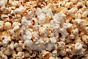 Homemade Kettle Corn Popcorn with Salt, top view. Flat lay, overhead, from above