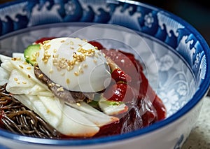 Homemade Korean cold noodle meal naengmyeon