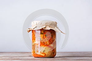 Homemade korean fermented kimchi cabbage salad, vegan, vegetarian preserved food photo