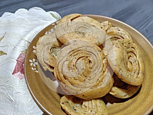 Homemade Layered Round Mathri made of flour and fried in oil or ghee photo