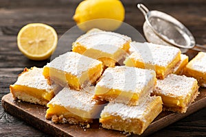 Homemade lemon bars with shortbread crust, on wooden background.