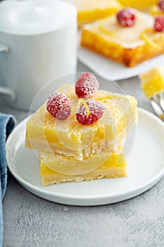 Homemade lemon bars topped with powdered sugar and raspberries