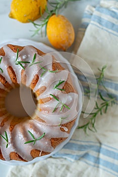 Homemade lemon bundt cake with sugar icing