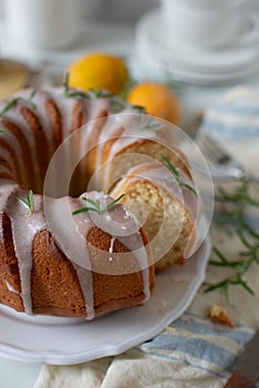 Homemade lemon bundt cake with sugar icing