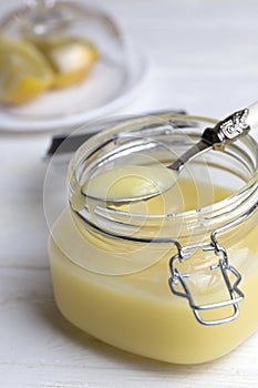 Homemade lemon curd. Lemon curd in a glass jar