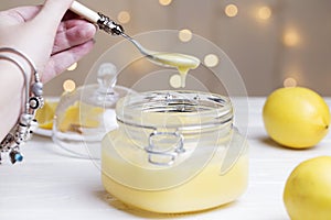 Homemade lemon curd. Lemon curd in a glass jar