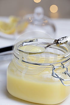 Homemade lemon curd. Lemon curd in a glass jar