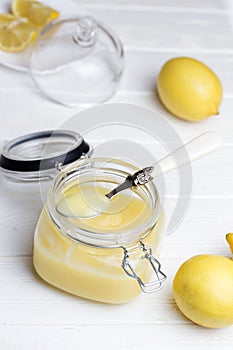 Homemade lemon curd. Lemon curd in a glass jar