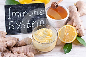 Homemade lemon, ginger and honey. Healthy food and natural products to support the immune system in winter