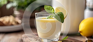 Homemade lemon posset in a glass, adorned with a mint leaf and lemon slice, rustic charm