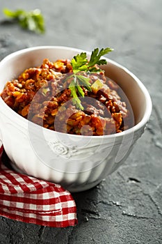 Homemade lentil tomato stew with fresh parsley