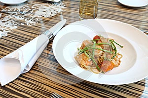 Homemade linguini pasta, shrimps