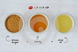 Homemade lip scrub made out of brown sugar, honey and olive oil