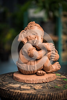 Homemade lord Ganesha idol or Ganapati Bappa murti using dissolvable clay