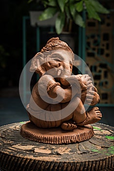 Homemade lord Ganesha idol or Ganapati Bappa murti using dissolvable clay
