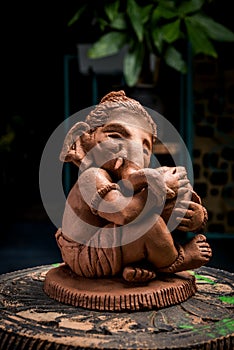 Homemade lord Ganesha idol or Ganapati Bappa murti using dissolvable clay