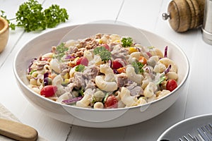 Homemade macaroni salad with elbow pasta and canned tuna