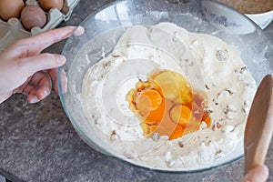 Homemade making dough, egg flour preparation baking