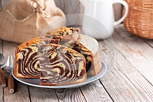 Homemade marble cake chocolate. Chocolate Vanilla Zebra Pie. Simple homemade food. Place for text