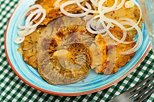 Homemade marinated white brittlegill mushrooms with onion