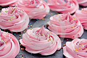 Homemade marshmallow, fluffy dessert zephyr, pink swirl meringue